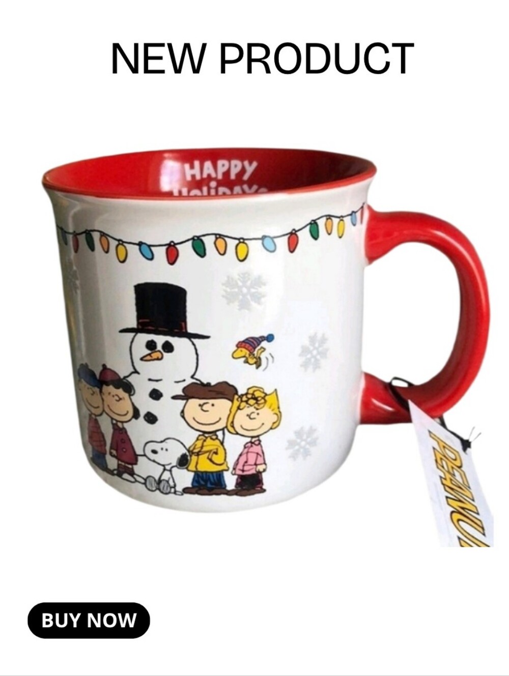 NEW Peanuts Holiday Snowman Mug Snoopy, Charlie Brown, Woodstock with Red Handle